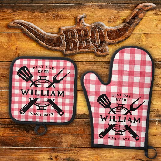 Beste papa ooit Vaderdag BBQ Grill Red Gingham Ovenwant & Pannenlap Set
