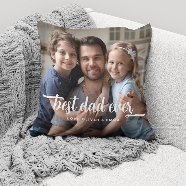 Beste Papa Ooit Vaderdag Script Foto Kussen (Cute custom photo throw pillow for the Best Dad Ever.)