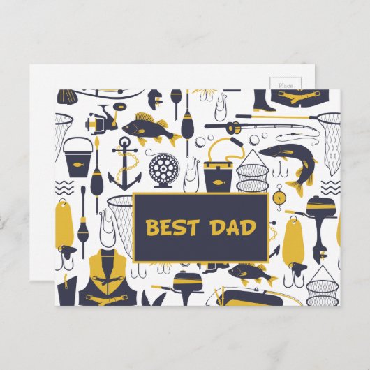 Beste Papa Vist Apparatuur in Blauw en Goud Briefkaart (Voorkant / Achterkant)
