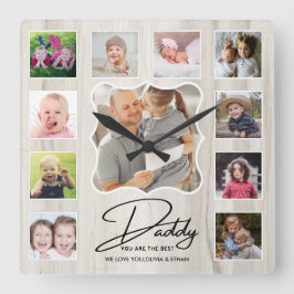 Beste pappa ooit 11 Foto Collage Rustic Wood Vierkante Klok
