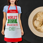 Beste Ravioli Chef ter wereld - gepersonaliseerd A Schort<br><div class="desc">'s Werelds beste Ravioli Chef - gepersonaliseerd pron in rood wit en groen . Het verwijst naar het Italiaanse driekleurige .grafisch ontwerp van lumirala. Grappig tekstontwerp voor uitstekende Ravioli Chefs.</div>