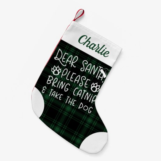 Beste Santa Bring Catnip Green Plaid Funny Cat Kleine Kerstsok (Voorkant (Hangend))