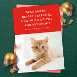 Beste Santa Cute Funny Pet Holiday-fotokaart Feestdagenkaart<br><div class="desc">Deze leuke, grappige feestelijke fotokaart heeft een feestelijke rode achtergrond, een eenvoudig wit type en een enkele foto. De groet luidt: "Beste Kerstman, voordat ik uitleg, hoeveel weet je al?" Dit ontwerp is perfect voor een huisdier, maar werkt ook goed voor veeleisende kinderen en volwassenen! De backer kenmerkt een eenvoudig...</div>