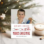 Beste Santa Naughty Nice Holiday-fotokaart Feestdagenkaart<br><div class="desc">De platte fotokaart voor de feestdagen is voorzien van een Beste kerstbriefje met handgetekende selectievakjes voor ondeugenheid,  aardig en niet van een "prettige kerstcadeautje". Achterkant is een feestpatroon van gevlekte kerstbomen op een blauwgroen achtergrond. Pas uw familienaam en foto aan.</div>