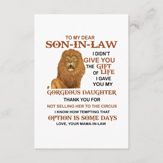 Beste schoonzoon, ik heb u mijn geweldige dochter  informatiekaartje (Voorkant)