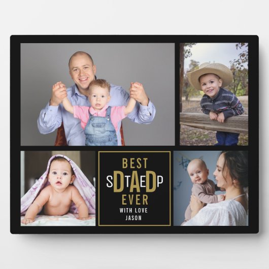 Beste stap vader ooit 4 Foto Collage Black en Gold Fotoplaat (Voorkant)