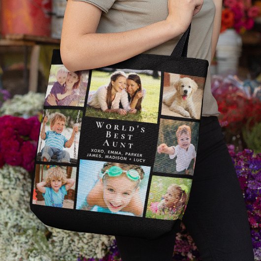 Beste tante 8 van de wereld, zwart met foto's tote bag