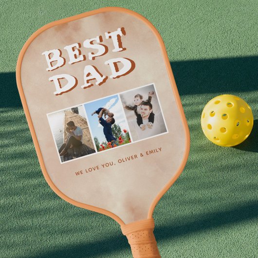 Beste vader Blush Oranje Waterverf 3 Foto Collage Pickleball Paddle