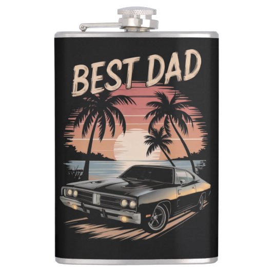 Beste Vader,Dodge Charger Auto, Retro Zonsondergan Heupfles (Voorkant)