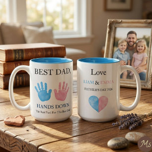 Beste Vader Hands Down Kinderen Handafdruk Koffiem Tweekleurige Koffiemok