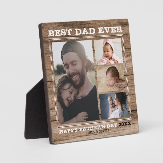 Beste vader ooit 4 Familie Foto Collage Brown Wood Fotoplaat (Voorkant)