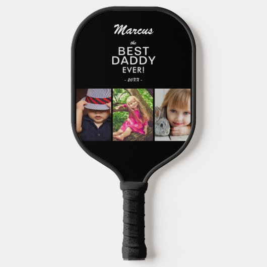 Beste vader ooit Keepslag 3 Foto Collage Black Pickleball Paddle (Voorkant)