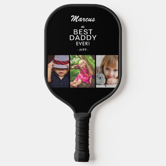 Beste vader ooit Keepslag 3 Foto Collage Black Pickleball Paddle (Achterkant)