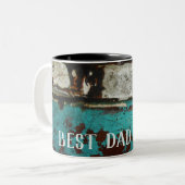 Beste vader ooit. Rustic Rusty blauwgroen aqua mea Tweekleurige Koffiemok (Voorkant links)