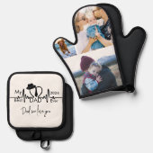 Beste vader ooit Vaderdag Heartbeat Photo Collage Ovenwant & Pannenlap Set (Voorkant / Achterkant)