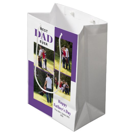 Beste vader ooit vier foto's paars Vaderdag Medium Cadeauzakje (Voorkant Gekanteld)