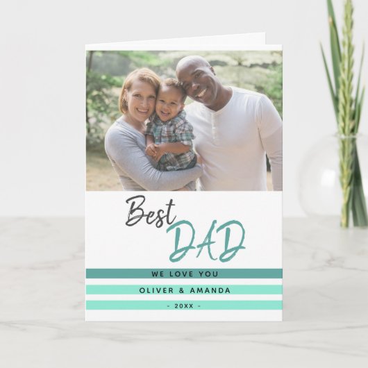 Beste Vader Turquoise Script Vaderdag Foto Kaart (Voorkant)