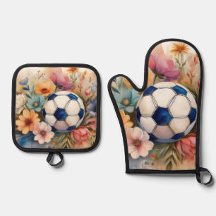 Beste Voetbalmoeder Ooit Waterverf Bloemendesign - Ovenwant & Pannenlap Set