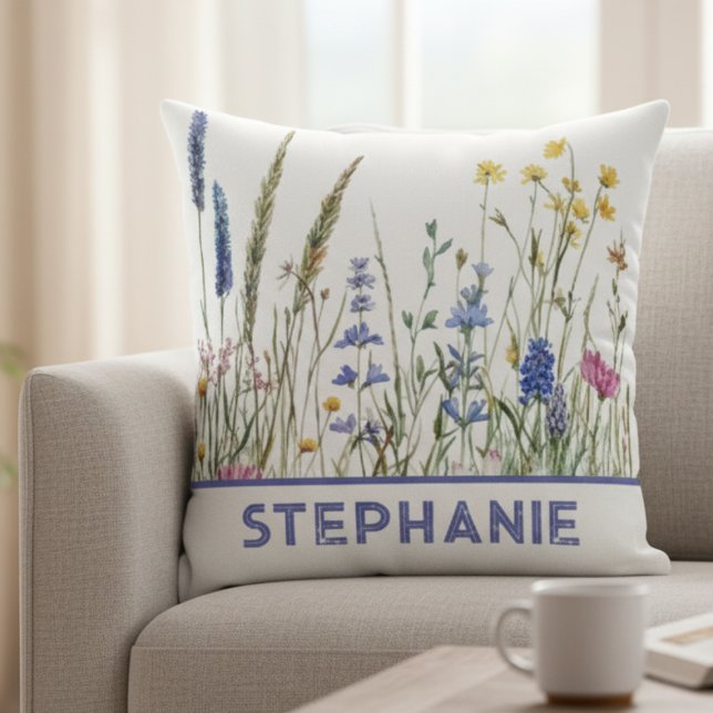 Beste Vriend Verjaardag Wilde Bloem Botanische Blo Kussen (Watercolor wildflower meadow pillow—charming birthday gift idea for a best friend's new apartment.)