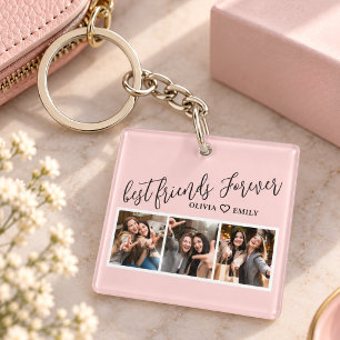 Beste Vrienden 3 Foto Collage Aandenken Blush Roze Sleutelhanger