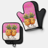 Beste Vrienden Ananas Kawaii Ananas Schattige Roze Ovenwant & Pannenlap Set (Voorkant / Achterkant)