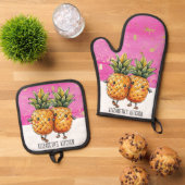 Beste Vrienden Ananas Kawaii Ananas Schattige Roze Ovenwant & Pannenlap Set (Top down)