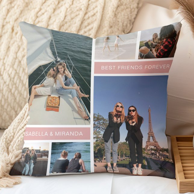 Beste Vrienden Besties 6 Fotocollage Kussen (Best Friends Forever Photo Collage Throw Pillow by MINTIC DESIGN STUDIO)