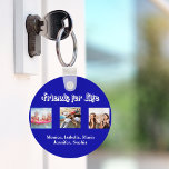 Beste vrienden BFF foto namen koninklijk blauw wit Sleutelhanger<br><div class="desc">Een cadeau voor je beste vriend(in) voor verjaardagen,  kerst of een speciaal evenement. Witte tekst: Vrienden voor het leven,  geschreven met een trendy stijlscript. Personaliseer en gebruik uw eigen foto's en namen. Koninklijke blauwe achtergrond.</div>