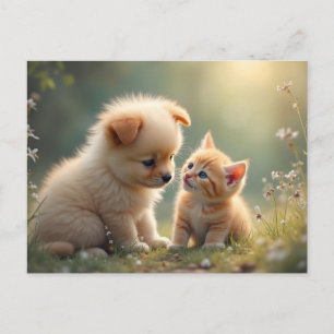 Beste vrienden - cute puppy en kitten in het gras briefkaart