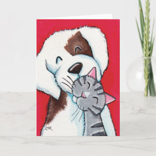 Beste vrienden - Cute Whimsical Tabby Cat & Dog Ar Kaart