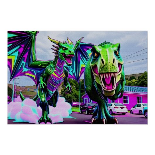 Beste Vrienden - Draak en Dinosaurus Wandelen Perfect Poster (Voorkant)