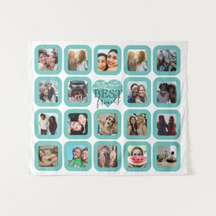 BESTE VRIENDEN Foto Collage Blauwgroen hart met li Wandkleed