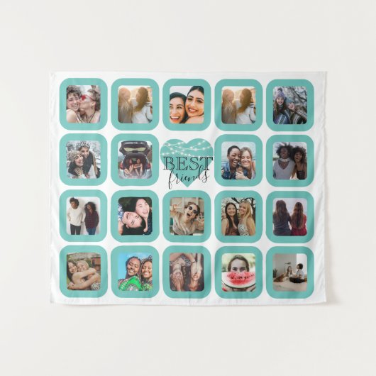 BESTE VRIENDEN Foto Collage Blauwgroen hart met li Wandkleed (Voorkant (horizontaal))