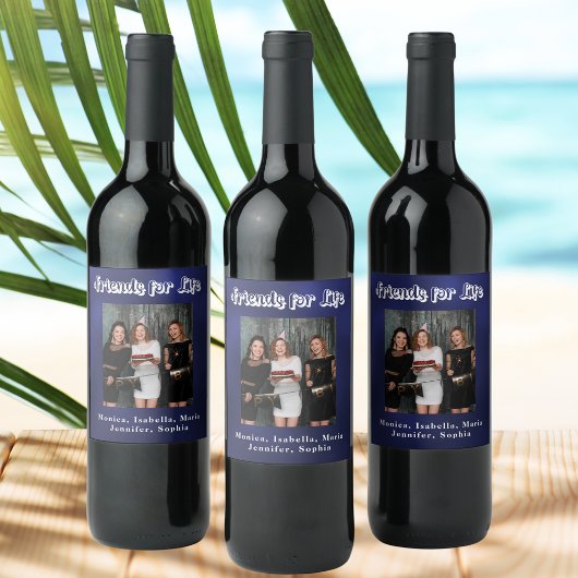 Beste vrienden foto navy blauw wit script wijn etiket