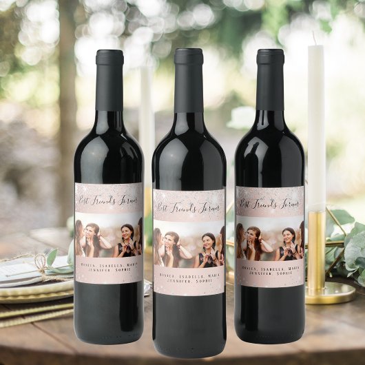 Beste vrienden foto roos gouden zilveren glitter wijn etiket