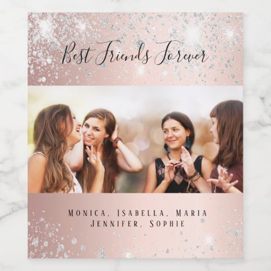 Beste vrienden foto roos gouden zilveren glitter wijn etiket (Enkel label)