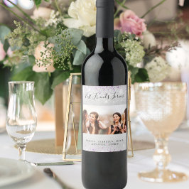 Beste vrienden foto zilver paarse glitter stof wijn etiket