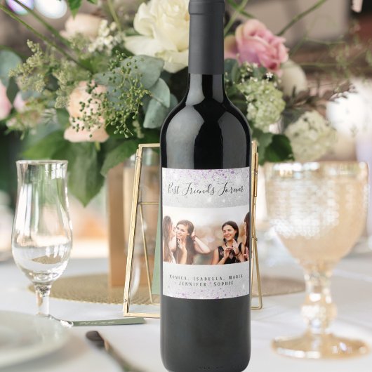 Beste vrienden foto zilver paarse glitter stof wijn etiket