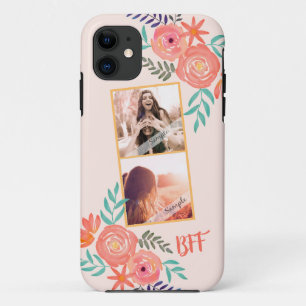Beste Vrienden Fotocollage Roze Waterverf Bloemen Case-Mate iPhone Case