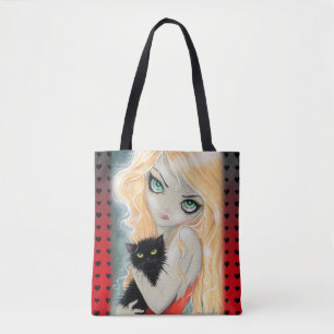 Beste Vrienden Grote Oog Meisje en Zwarte Kitty Ku Tote Bag