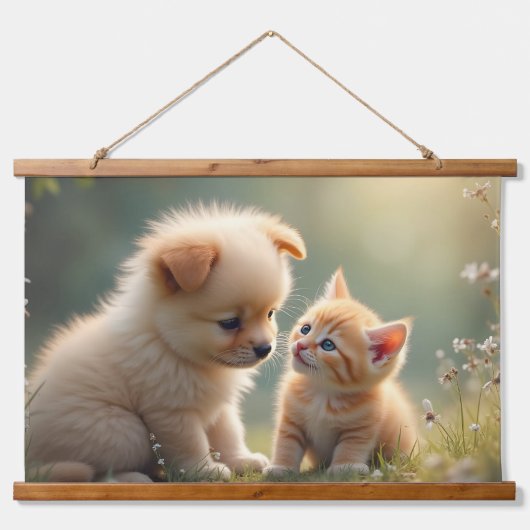 Beste vrienden - schattige puppy en kitten in het hangend wandkleed (Voorkant)