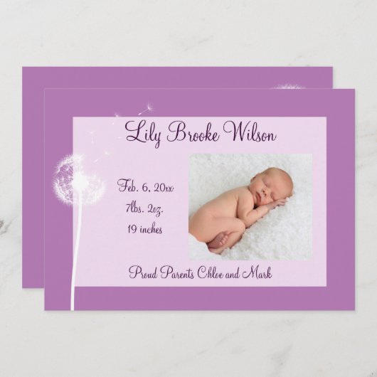 Beste wensen!!! Aankondiging geboorte 1 (paars) (Voorkant / Achterkant)