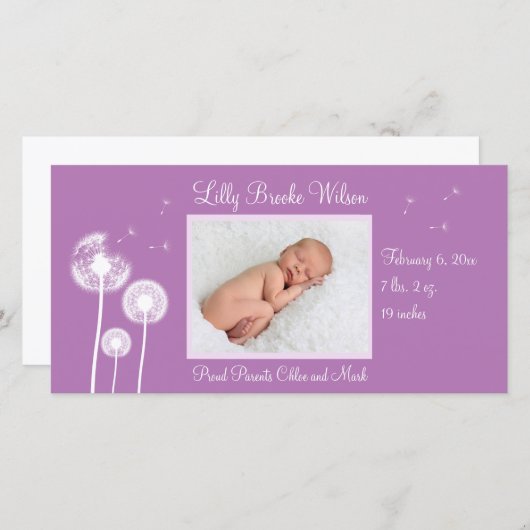 Beste wensen !!! Geboorteaankondiging 2 (paarse) Aankondiging (Voorkant / Achterkant)
