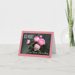 Beste wensen, naam dagkaart roze pioenen op blauw kaart