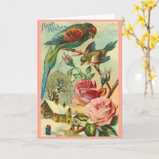 beste wensen parkiet en Rozen Kaart (Gele Bloem)