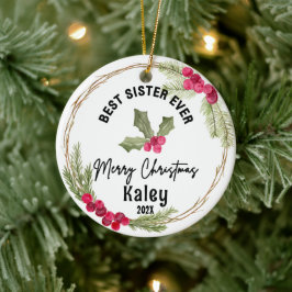 Beste zus ooit kerst cranberry krans keramisch ornament