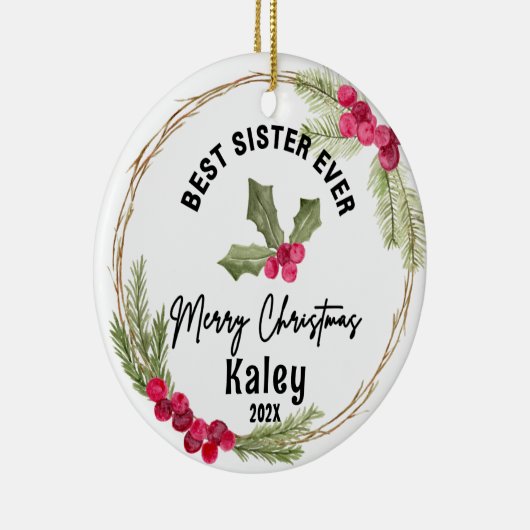 Beste zus ooit kerst cranberry krans keramisch ornament (Rechts)