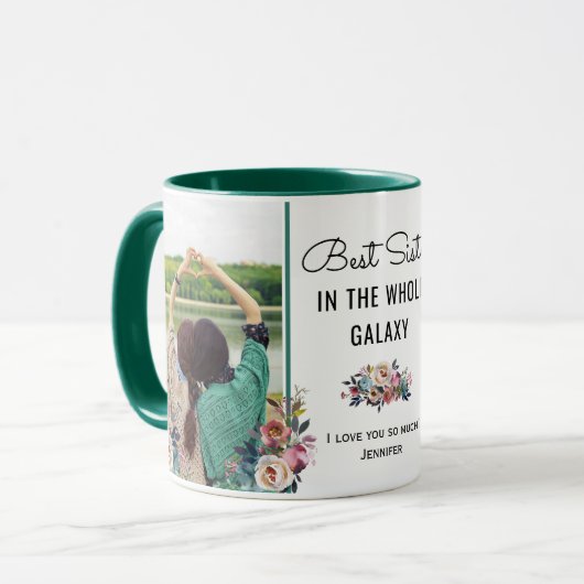 Beste zuster in Galaxy Zis Birthday Foto Mok (Voorkant links)