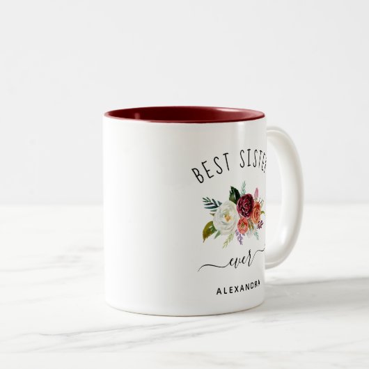 Beste zuster ooit | Trendy Bourgogne Boho Floral Tweekleurige Koffiemok (Voorkant rechts)