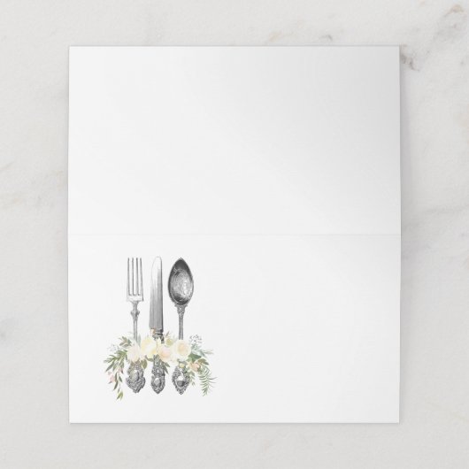 bestek en bloemige trouwkaart plaatskaartje (Buitenkant ongevouwen)